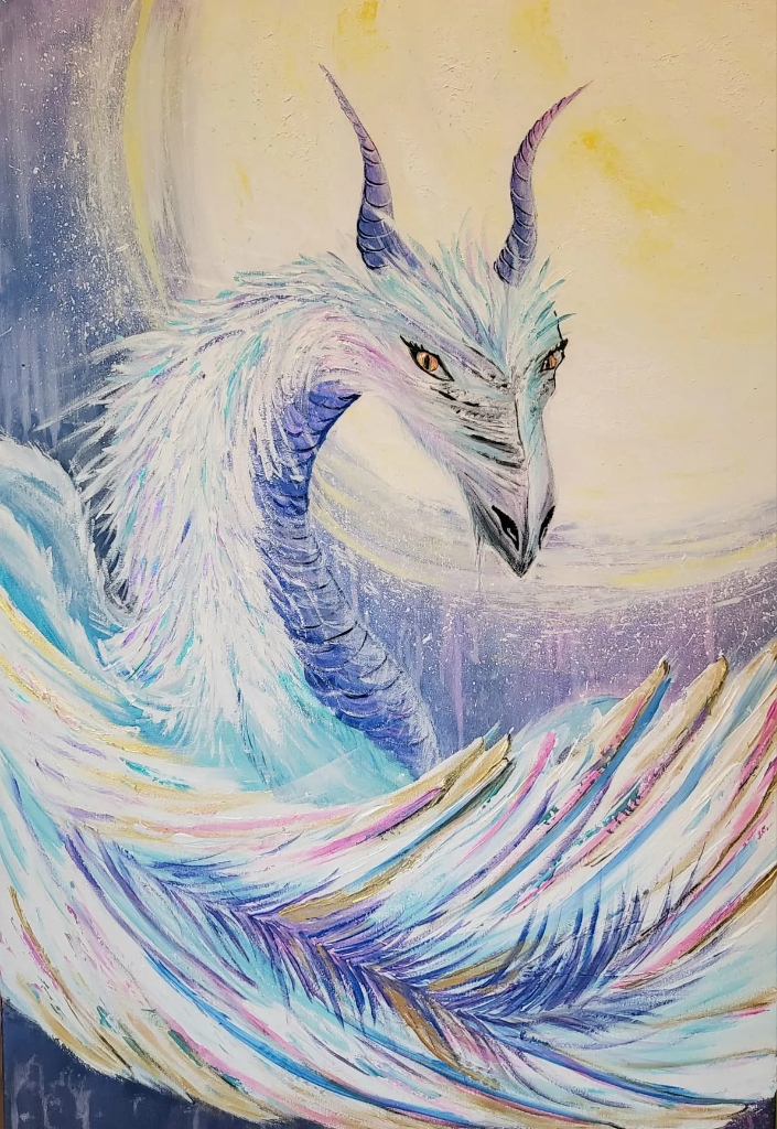 Peinture d'un dragon devant la lune