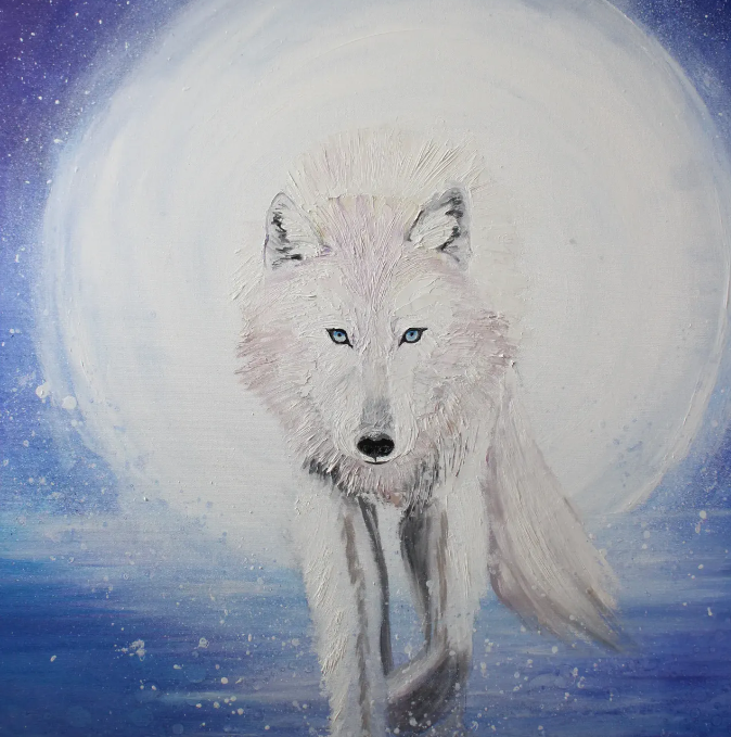 Peinture d'un loup blanc devant la pleine lune