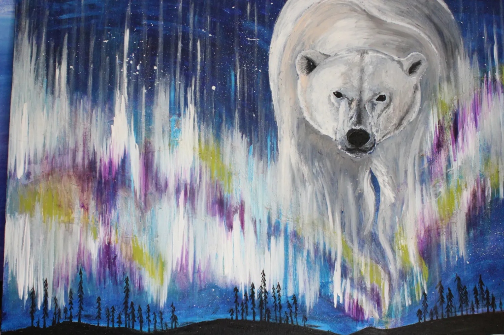 Peinture d'un ours polaire et aurore boréale