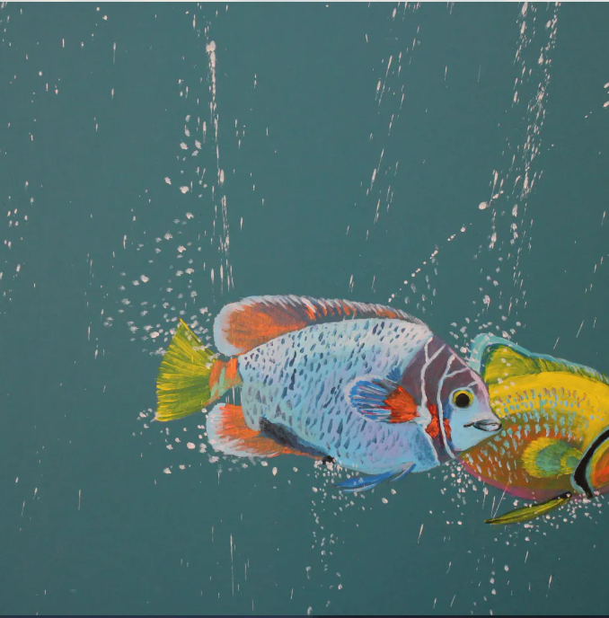 Peinture de deux poissons lumineux tournoyants